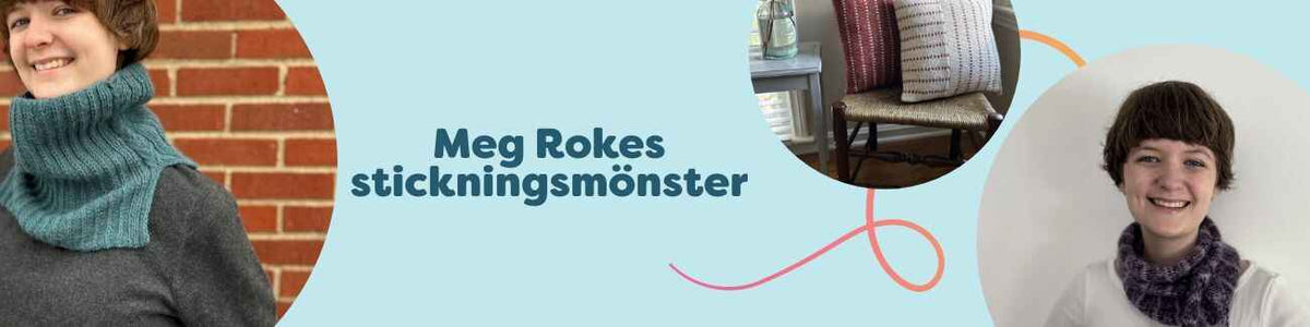 Kollektion av Meg Rokes stickningsmönster hos Hobbii med kofta, sjal/sjalett, halskrage och kudde i moderna strukturer och mjuka garner.