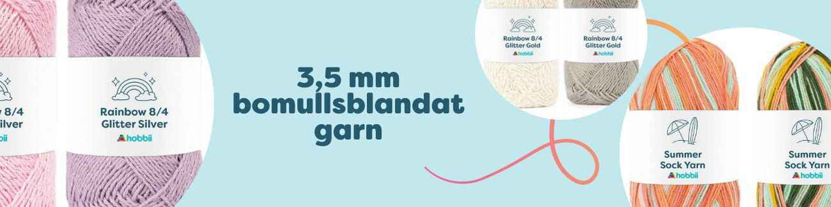 3,5 mm bomullsblandat garn i flera färger, med glitter i guld och silver samt somrigt sockgarn – för virkning och stickning.