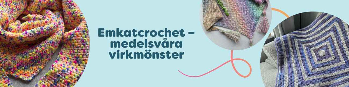Emkatcrochet-kollektion hos Hobbii med medelsvåra virkmönster: sjalar, filtar och kuddar i färgglada strukturer som moss stitch och bobbles.
