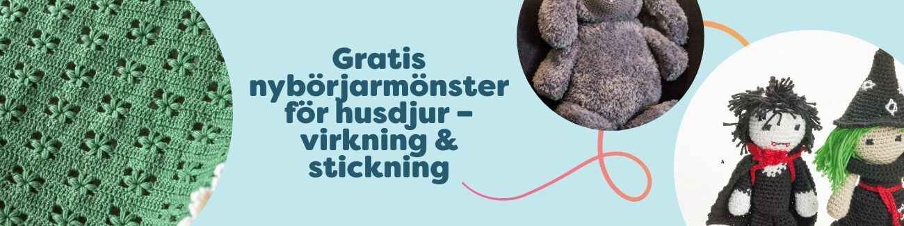 Kollage av gratis virk- och stickmönster för husdjur: hundtröjor för Chihuahua och Yorkshire Terrier, mjuka filtar, leksaker och accessoarer från Hobbii.