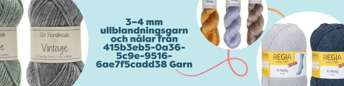 Hobbii-kollektion med ullblandningsgarn 3–4 mm och passande nålar – Regia 6‑ply, Vintage m.fl., i många färger för stickning och virkning.