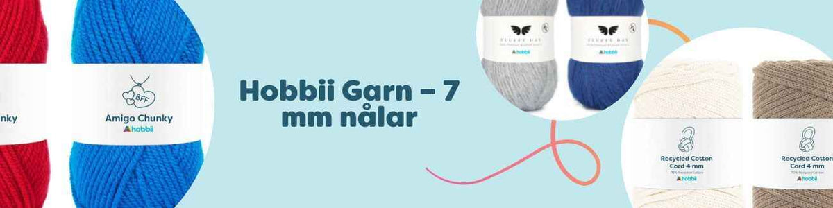 Samling av tjocka garner för 7 mm stickor och virknålar i flera färger, perfekta för mössor, halsdukar, filtar och hemtextil från Hobbii.