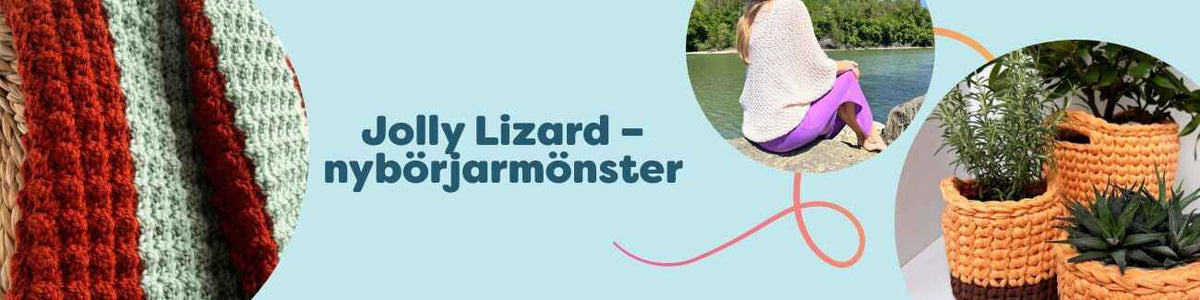 Jolly Lizard-nybörjarmönster för stickning och virkning med plädar, koftor, korgar och filtar – översikt i Hobbii-stil.