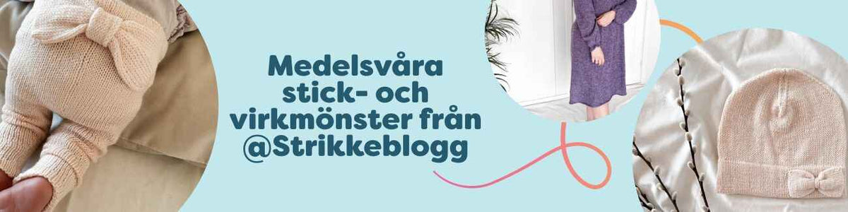 Collage med medelsvåra stick- och virkmönster från @Strikkeblogg: barnplagg som mössa, klänning, tights och set i koordinerade färger på ljus bakgrund.
