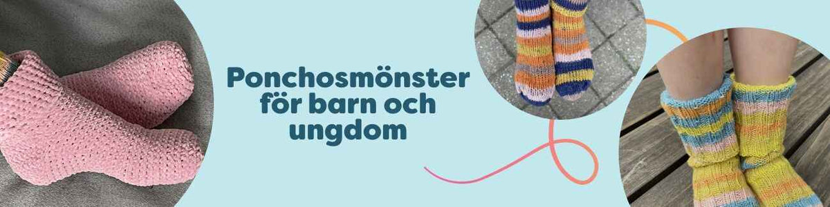 Kollektion med ponchos för barn och ungdom – stickade och virkade modeller i olika storlekar och färger.