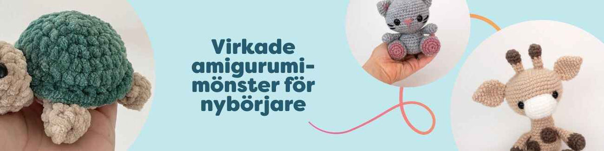 Färgglada virkade amigurumi – katt, sköldpadda, giraff och elefant – tillsammans med garnnystan och virknål på ett bord.