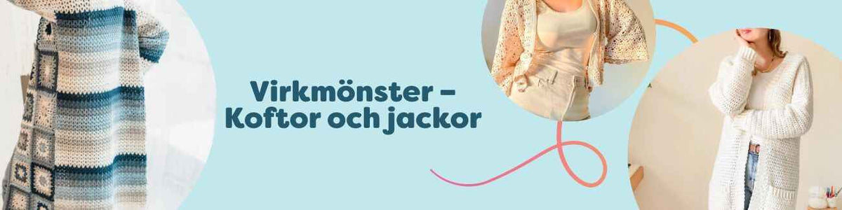 Kollektion med virkade koftor och jackor i olika färger och stilar för dam och barn, virkade i Hobbii-garn, tillsammans med virknål och nystan.