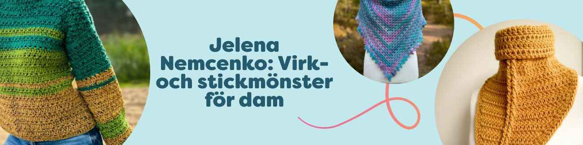 Kollektion med damplagg av Jelena Nemcenko: stickade tröjor, virkade sjalar och halskragar i neutrala toner, fotograferade med garnnystan.