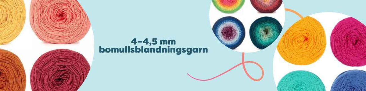 Kollektion av 4–4,5 mm bomullsblandningsgarn från Hobbii i både enfärgade och melerade nystan, som Twister, Twister Solid och Friends Wheel.