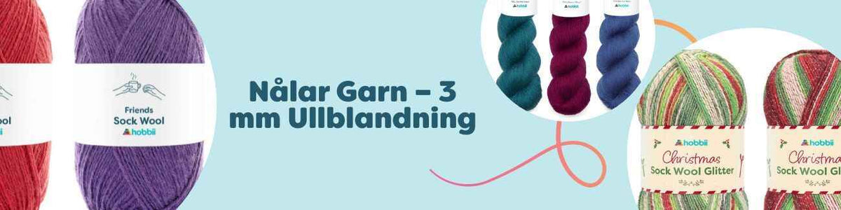 3 mm ullblandningsgarn från Hobbii i olika nyanser och effekter, upplagda nystan med stickor och virknål – för sockor, tröjor och accessoarer.