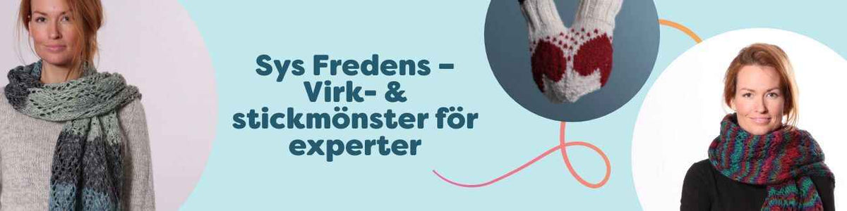 Kollage med Sys Fredens mönster: sjal i Kid Silk, chunky halsduk, vantar och tröja – neutrala toner, garnnystan och färdiga plagg.