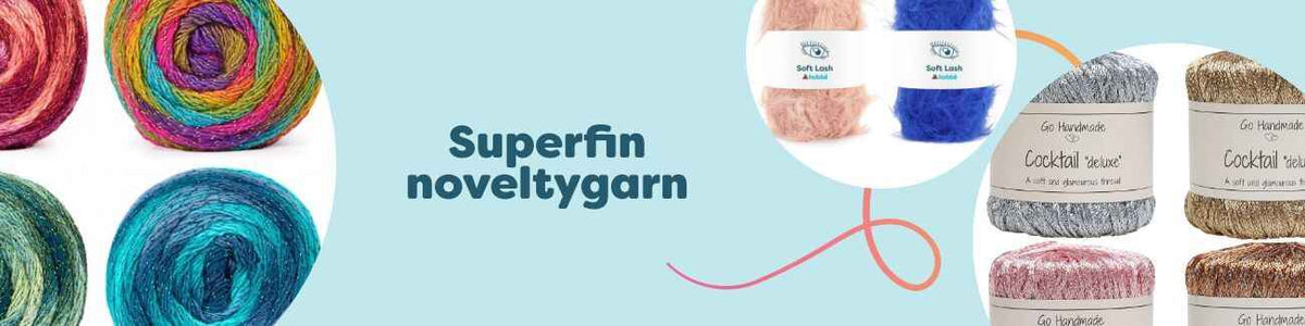 Färgstarka nystan av superfin noveltygarn från Hobbii – Universe, Soft Lash, Cocktail Deluxe m.fl.; effektgarn för stickning och virkning.