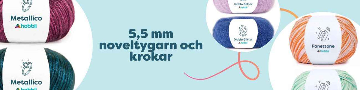 Kollektion med 5,5 mm noveltygarn och virknålar från Hobbii – Metallico, Diablo Glitter och Panettone i glansiga färger för stickning och virkning.