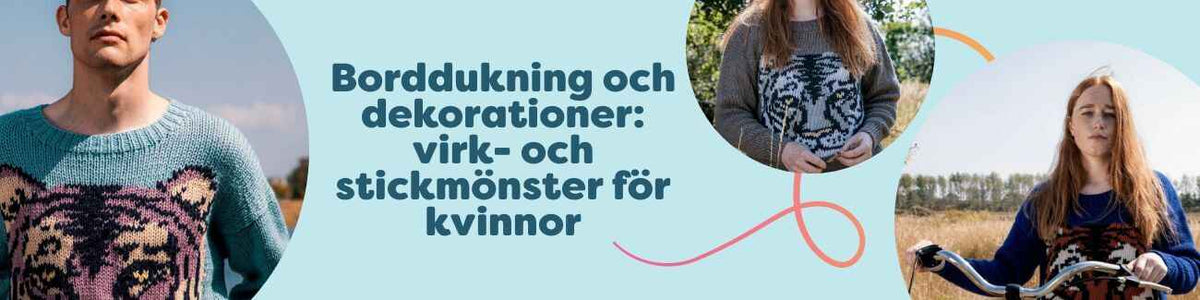 Kollektion av borddukning och dekorationer med virk- och stickmönster för kvinnor – dukar, servettringar, löpare och festliga detaljer i garn.