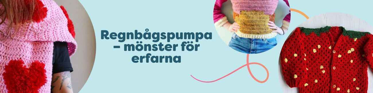 Kollage av mellanavancerade stick- och virkmönster: tröjor, koftor, barnplagg och halsdukar i regnbågens färger från Hobbii.