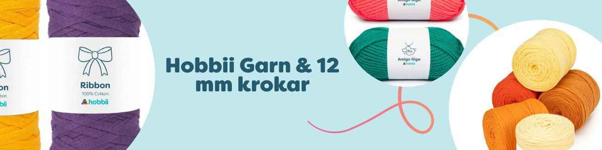Kollektion med tjockt garn för 12 mm virknål/krokar – nystan av Ribbon, Amigo Giga, Tessuto och Honey Bunny Big i flera färger, tillsammans med en 12 mm virknål.