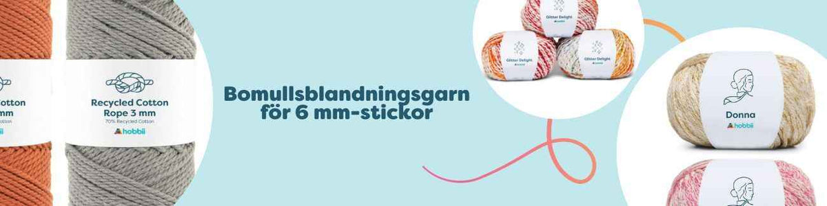 Närbild på bomullsblandningsgarn anpassat för 6 mm-stickor i flera färger, prydligt upplagda nystan på ett bord.