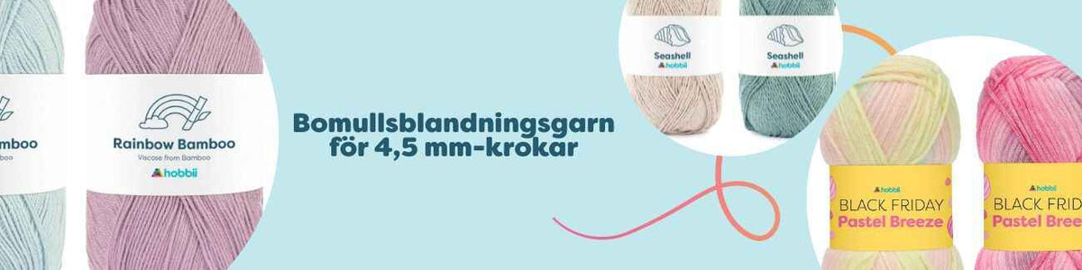 Nystan av bomullsblandningsgarn i olika färger, lämpliga för virknål 4,5 mm och stickor, upplagda i en ljus miljö.