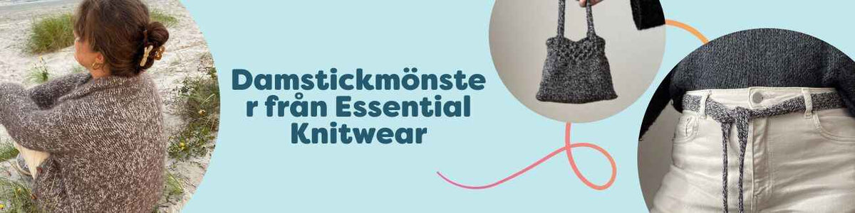 Damstickmönster från Essential Knitwear – koftor, väskor och bälten i en samlad kollektion visade på modell.