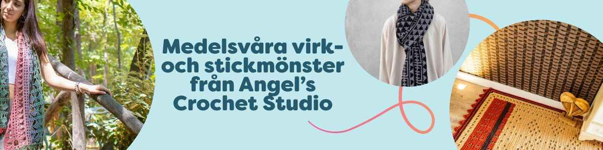 Medelsvåra virk- och stickmönster från Angel’s Crochet Studio – urval av sjalar, halsdukar och mattor i olika färger med Hobbii-garner