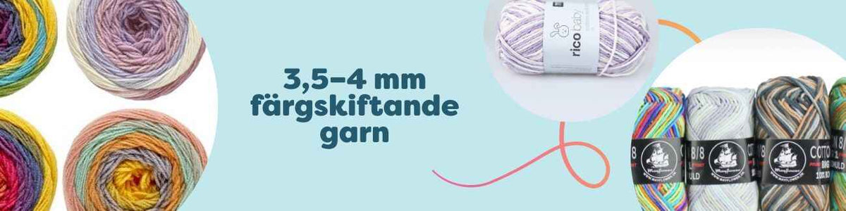 Flera nystan färgskiftande garn (3,5–4 mm) i olika nyanser, passande för stickning och virkning – kollektionen från Hobbii.