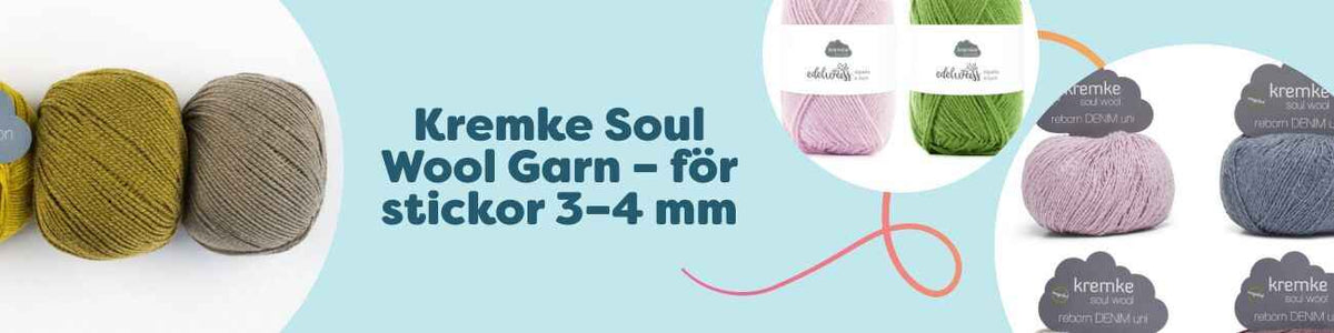 Nystan av Kremke Soul Wool för stickor 3–4 mm i flera färger, arrangerade med stickor och virknål – idealiska för tröjor, sjalar och mössor.