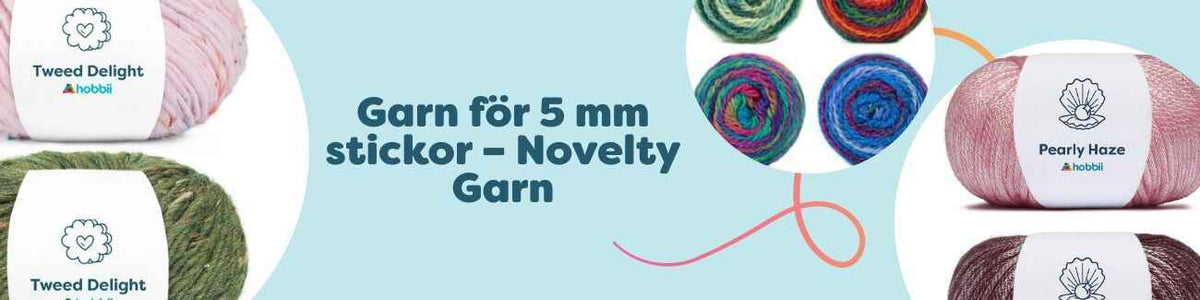Novelty-garner för 5 mm stickor/virknål i melerade och skimrande färger, upplagda i nystan – för mössor, halsdukar och koftor.