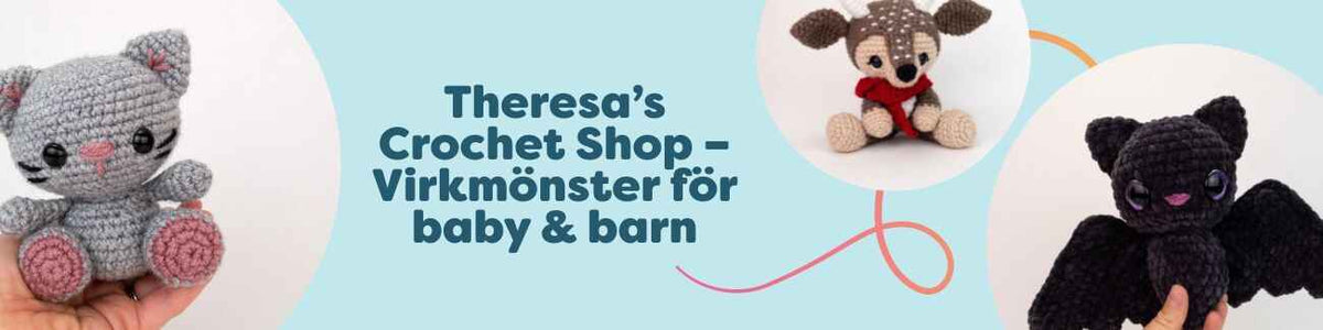 Theresa’s Crochet Shop hos Hobbii: mellansvåra virkmönster för baby och barn – amigurumidjur som Kaylie the Kitten, Devin the Deer, Binx the Bat, Ollie & Opal the Owls och Troy the T‑Rex.