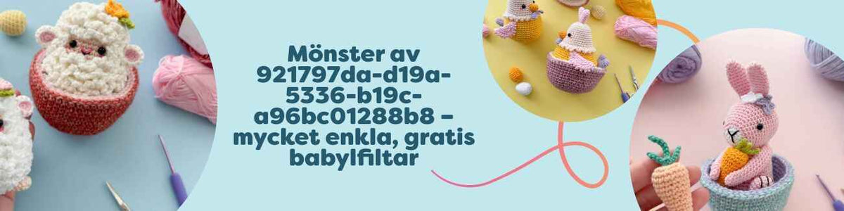 Kollektion av virkade och stickade babylfiltar i mjuka pasteller, visade i spjälsäng och hopvikta; gratis mönster från Hobbii med babyvänliga garner.