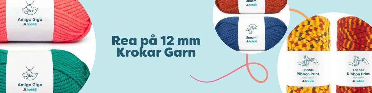 Tjocka nystan för 12 mm virknål på rea: Amigo Giga, Friends Ribbon Print och återvunnet bomullsrep i klara färger, uppdukade i en korg.