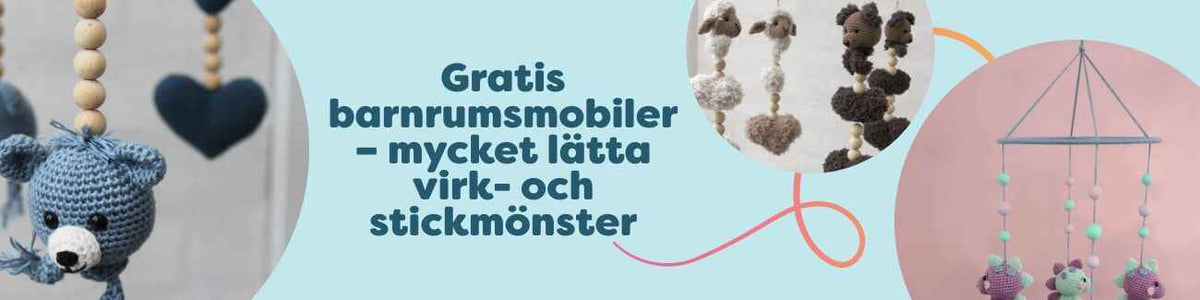 Kollage med virkade och stickade barnrumsmobiler – elefant, dino, nalle, hjärtan och stjärnor – gratis mönster från Hobbii.