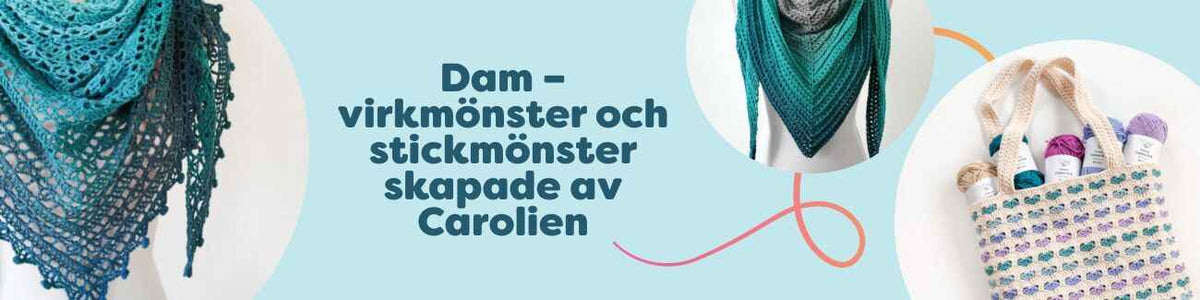 Dam – virkmönster och stickmönster av Carolien: kollektion med sjalar, halsdukar och väska i garn från Hobbii, nivå mellansvår.