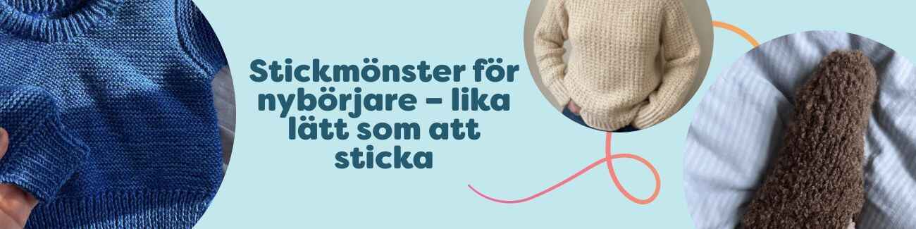 Kollage med enkla stickmönster för nybörjare från Hobbii – babytröja, tröja, strumpor med volang och tofflor stickade i mjukt garn.