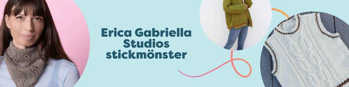 Kollektion med Erica Gabriella Studios stickmönster hos Hobbii – bandana, kofta, väst och V-ringad tröja i modern nordisk stil