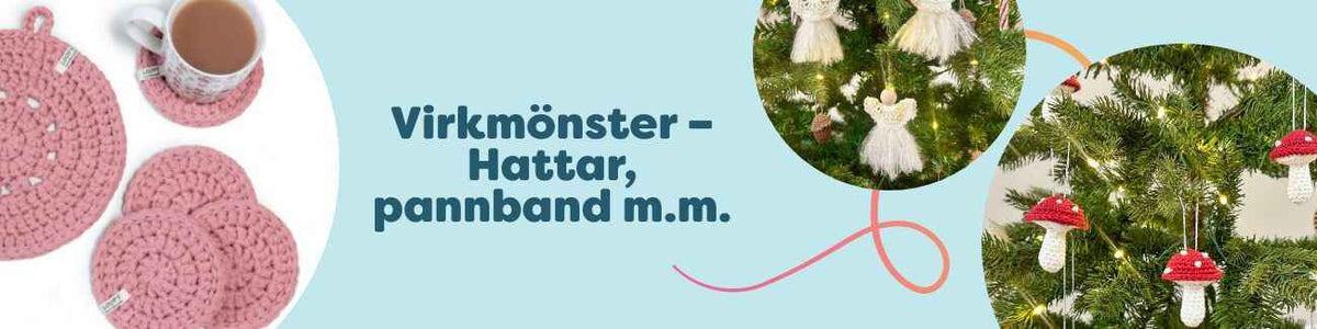 Virkade hattar, mössor och pannband i olika stilar och färger, fotograferade med Hobbii-garn på modell i dagsljus.