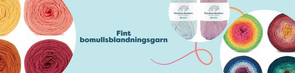 Fint bomullsblandningsgarn från Hobbii i flera färger och strukturer, med nystan som Twister, Rainbow Bamboo och Friends Wheel för stickning och virkning.