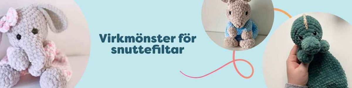 Kollektion av virkmönster för snuttefiltar: flera virkade djurhuvuden som kanin, elefant, krokodil och utter på mjuka filtar i harmoniska färger.
