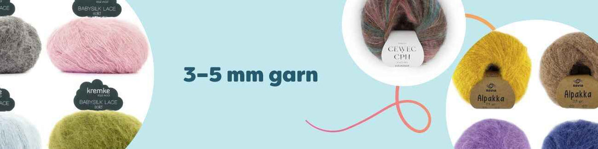 Garn i tjocklek 3–5 mm i flera färger, prydligt upplagda nystan som passar stickor och virknålar 3–5 mm från Hobbii.