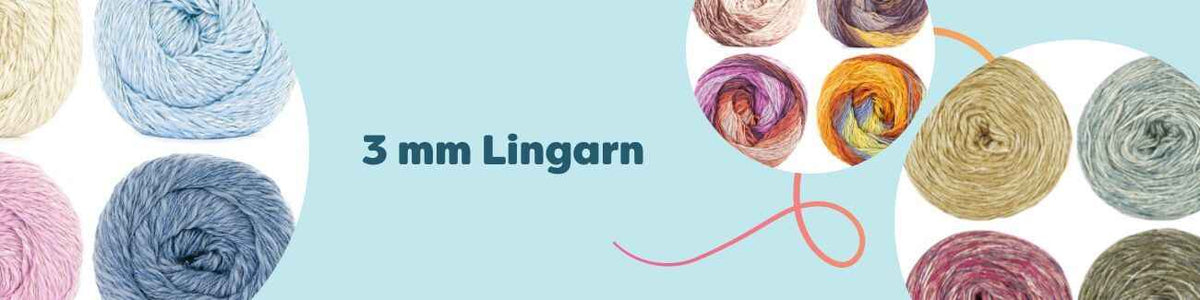 3 mm lingarn i linne på koner i enfärgade och melerade toner, idealiskt för virkning och stickning av hållbara väskor, inredningsdetaljer och plagg.