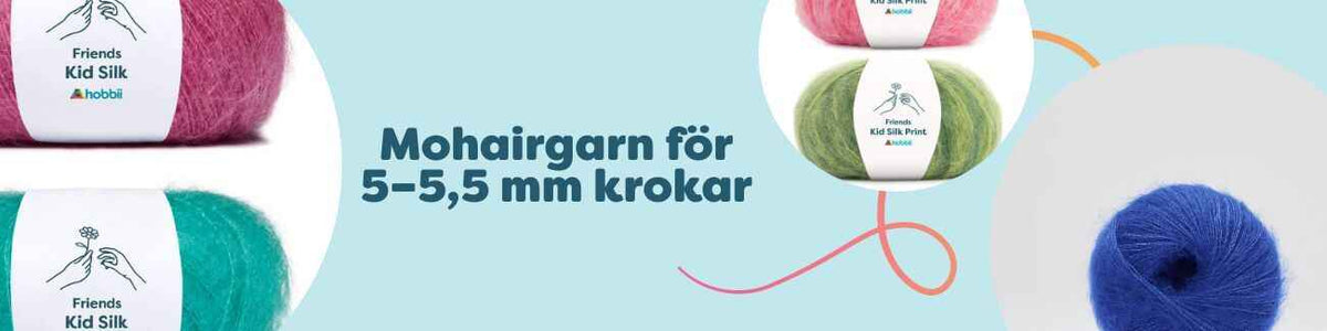 Mjuka nystan av mohairgarn i olika färger för 5–5,5 mm virknålar, tillsammans med virknål och provlappar.