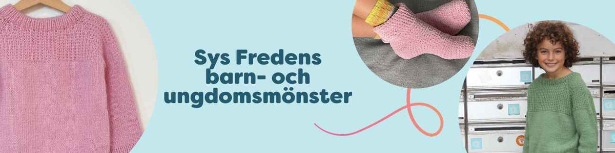 Kollage med barn- och ungdomsplagg från Sys Fredens mönster: stickade och virkade projekt som tröjor, sockor och mössor i mjuka färger, visat av Hobbii.