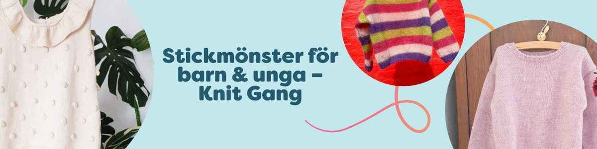Barntröjor, västar och klänningar – stickmönster för barn & unga från Hobbii Knit Gang, visade på glada barn i mjuka garnfärger.