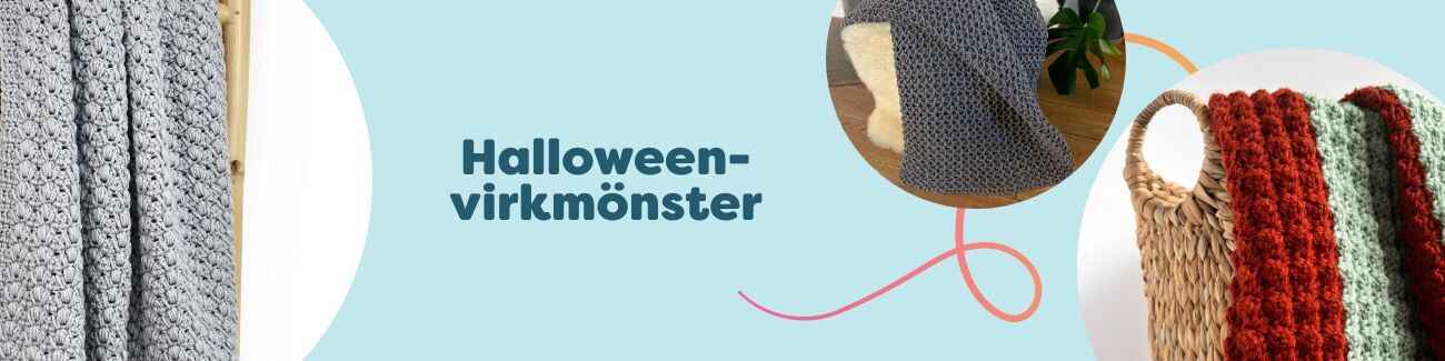 Kollektion med Halloween-virkmönster: pumpor, spöken, amigurumi, filtar och dekorationer virkade i orange, svart och vitt.