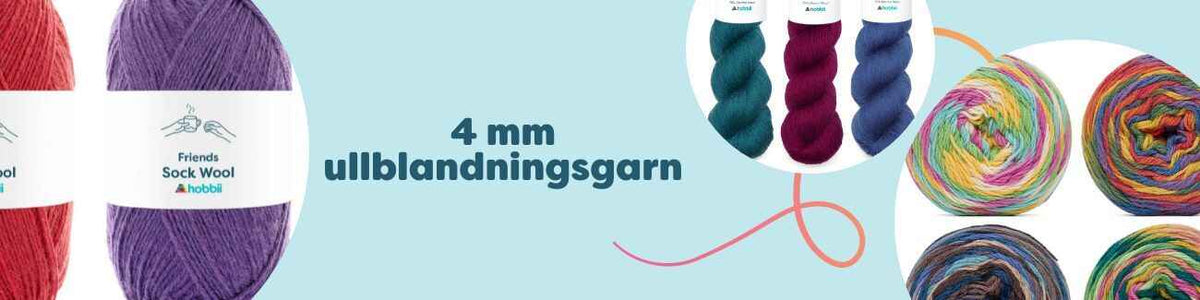 Nystan av 4 mm ullblandningsgarn i flera färger, tillsammans med stickor och virknålar – perfekt för tröjor, sockor och accessoarer.