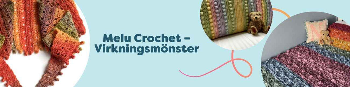 Kollage med Melu Crochet – virkningsmönster från Hobbii: sjalar och filtar i färgrika ränder och texturer för virkare på mellannivå.