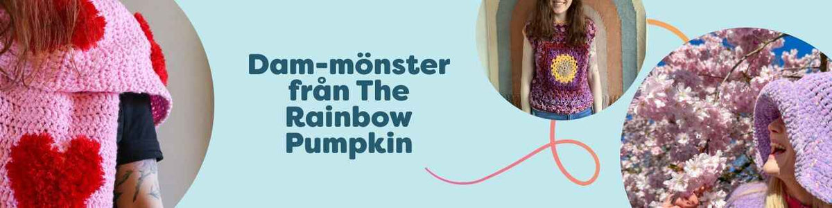 Dam-mönster från The Rainbow Pumpkin hos Hobbii – collage med virkade och stickade halsdukar, toppar och bucket hats i färgstarka garn.