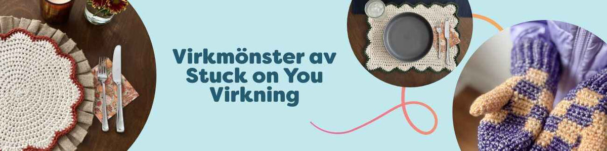Kollektion med virkmönster av Stuck on You Virkning: runda och rektangulära bordstabletter med scallop-kant, Glow Check-mössa och vantar samt julstrumpor.