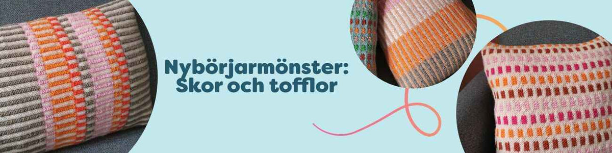 Kollektion med nybörjarvänliga stick- och virkmönster för skor och tofflor i flera storlekar och färger, presenterade på produktbilder från Hobbii.