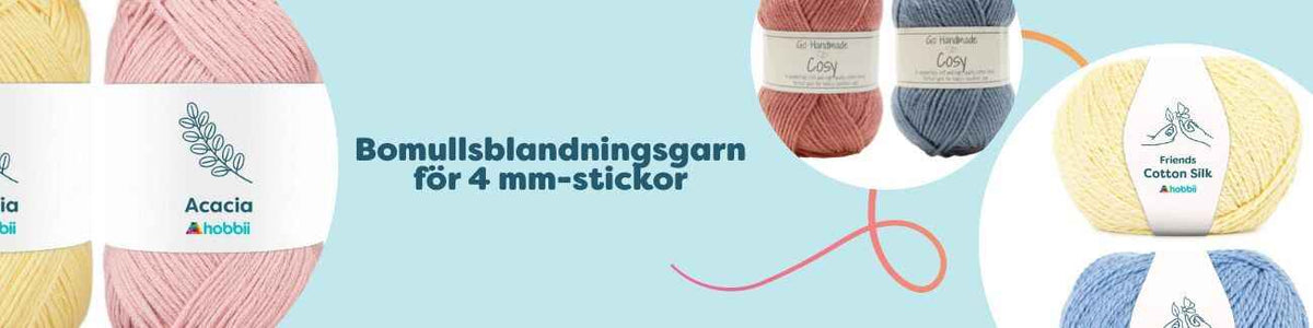 Översiktsbild över bomullsblandningsgarn för 4 mm-stickor och 4 mm-virknål i flera färger; mjuka nystan för tröjor, babyplagg och sommarprojekt.
