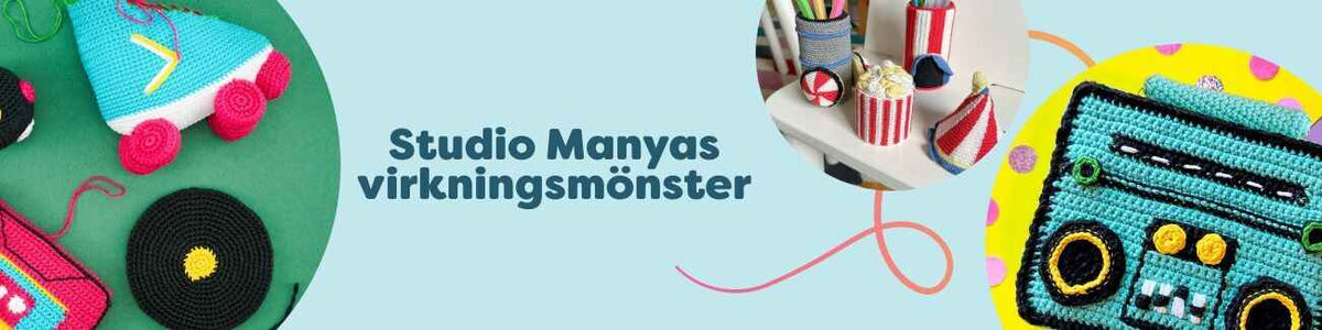 Kollage av Studio Manyas virkningsmönster: disco-julkulor, virkat pennställ, boombox och retro väska med necessär på mellansvår nivå.